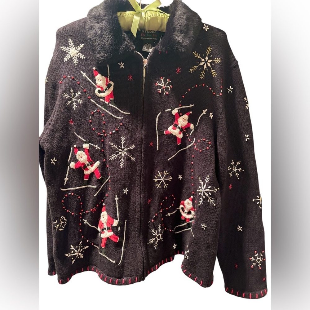 Vintage Christmas Hand Embroidered Santa Zip Up Cardigan Fur Trim